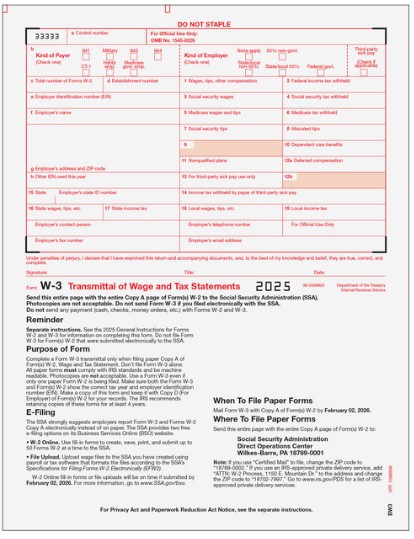 W-3 Laser 1-Up Summary Tax Form BW305