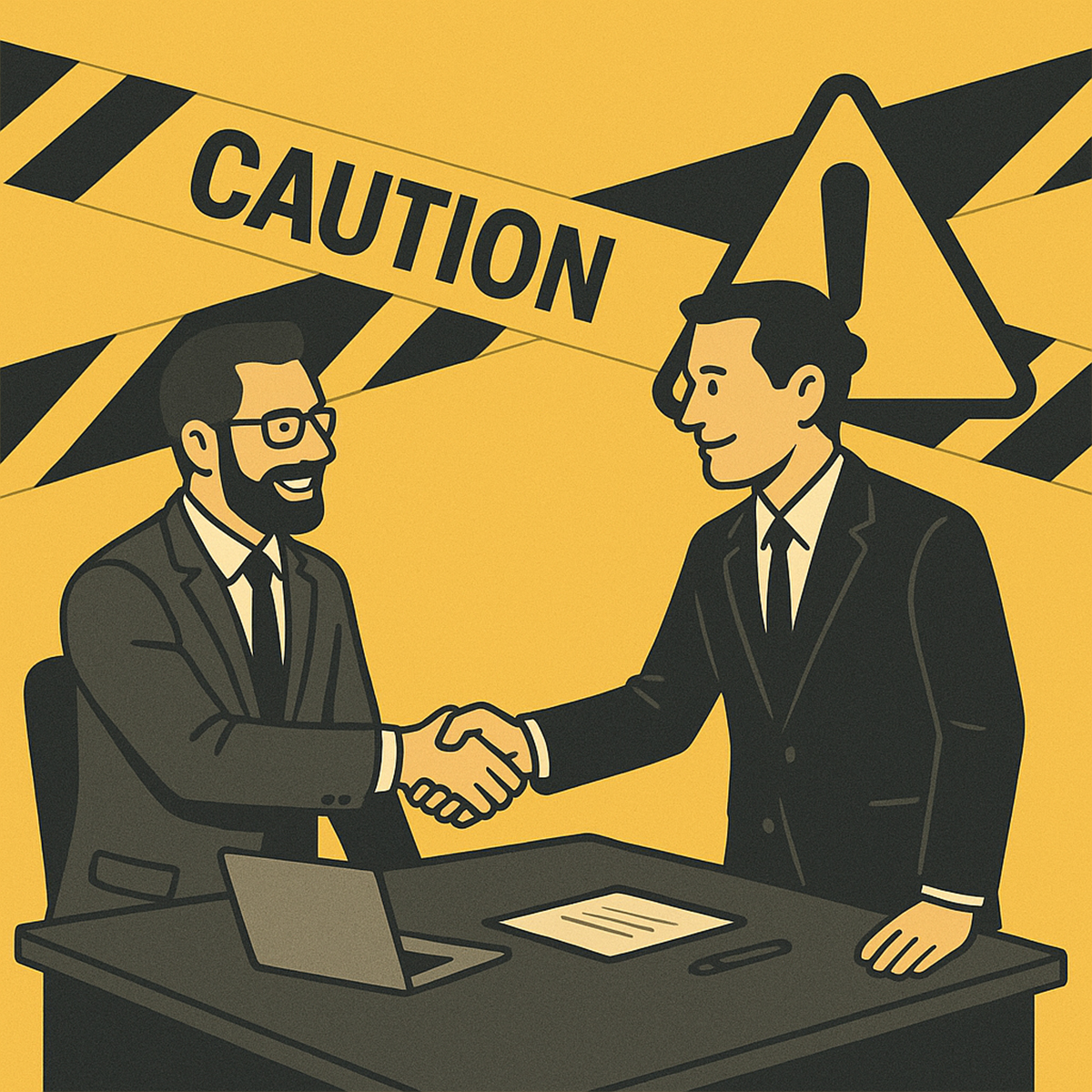 Two men shaking hands with a "CAUTION" sign