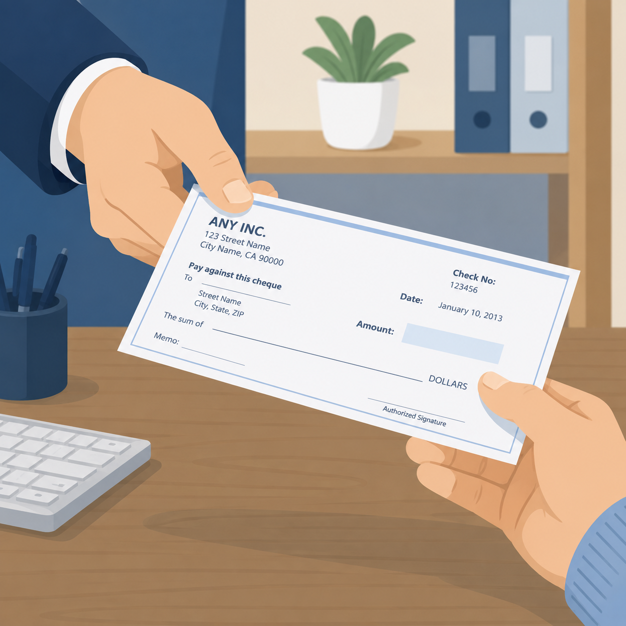 Businessman handing a check as a refund to a recipient