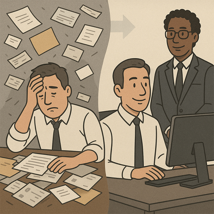 overwhelmed worker transitioning to worker who has it all under control with a PEO rep