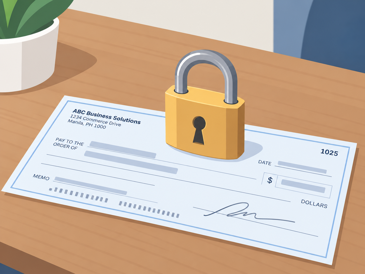 Business check with a padlock on top of it