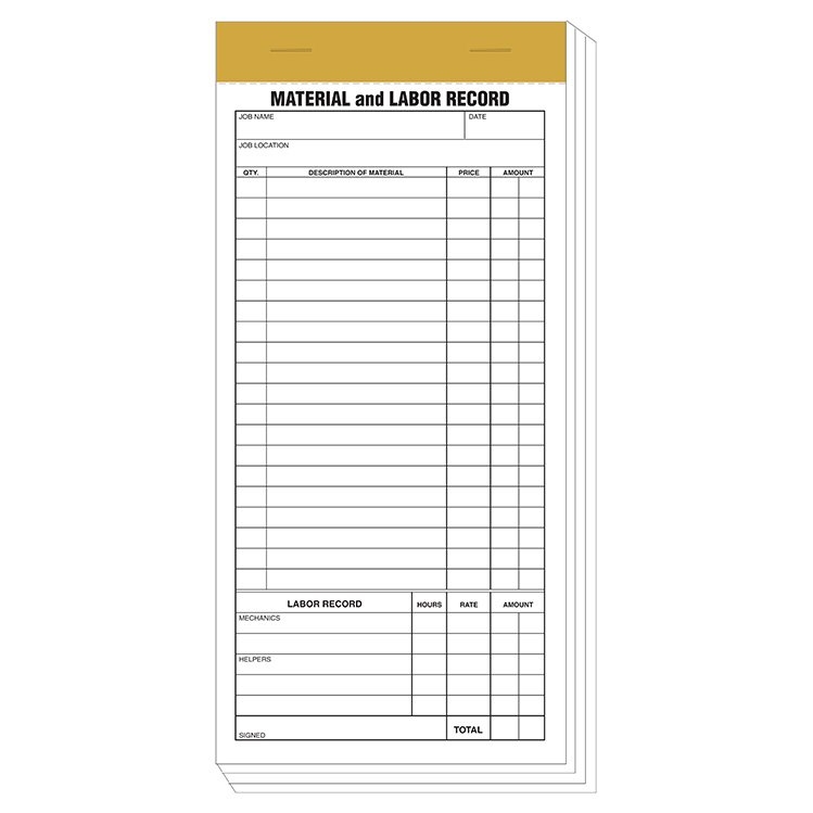 8 1/3  ” x  4/14  " Compact Material & Labor Record Pad  Size 